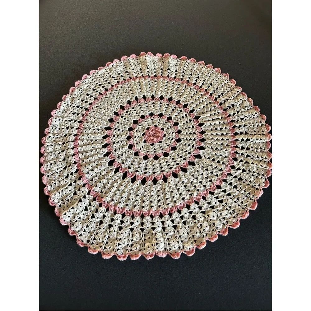 24” Round Vintage Crochet Pink & Ecru Doily